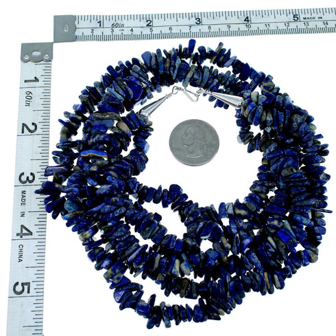 Sterling Silver And Denim Lapis Navajo 3-Starnd Bead Necklace SX108733